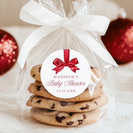 Elegant Red Bow Christmas Baby Shower Ronde Sticker