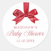 Elegant Red Bow Christmas Baby Shower Ronde Sticker (Voorkant)