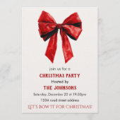 Elegant Red Bow Christmas Party Invitation Kaart (Voorkant)