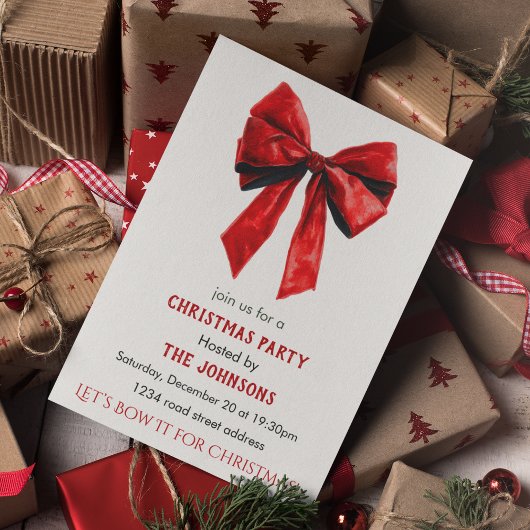 Elegant Red Bow Christmas Party Invitation Kaart