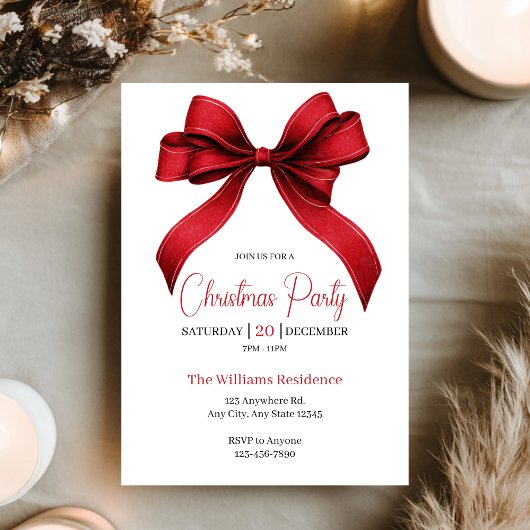 Elegant Red Bow Christmas Party Kaart