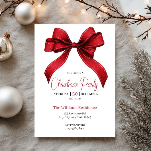 Elegant Red Bow Christmas Party Kaart