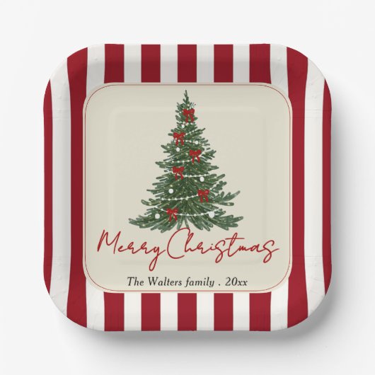Elegant Red Bow Christmas Tree Party Paper Plates Papieren Bordje (Voorkant)