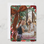 Elegant Red Bow Christmas Two Photo Feestdagenkaart (Voorkant)