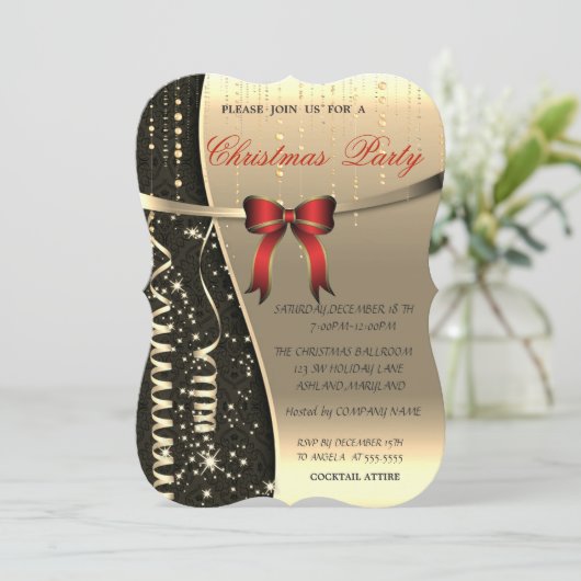 Elegant Red Bow, Confetti Company kerst Party Kaart (Staand voorkant)