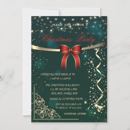 Elegant Red Bow, Confetti Green Kerstparty Kaart (Voorkant)