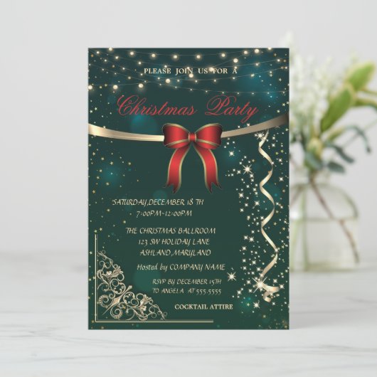Elegant Red Bow, Confetti Green Kerstparty Kaart (Staand voorkant)