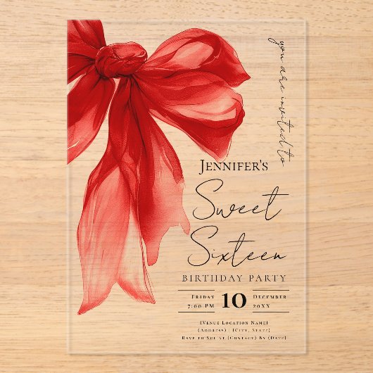 Elegant Red Bow Coquette Script Sweet 16 Party Acryl Uitnodigingen (Voorkant)