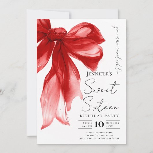 Elegant Red Bow Coquette Script Sweet 16 Party  Kaart (Voorkant)