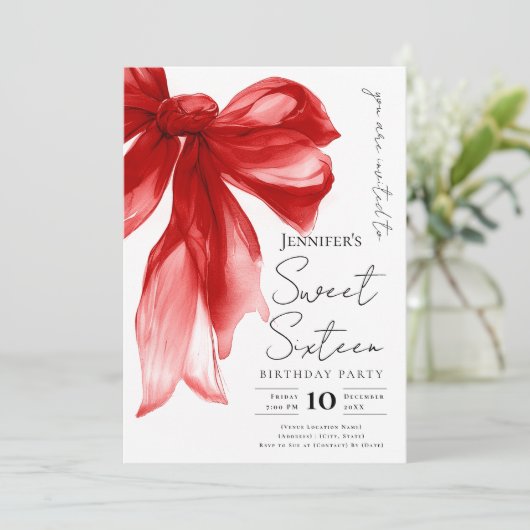 Elegant Red Bow Coquette Script Sweet 16 Party  Kaart (Staand voorkant)