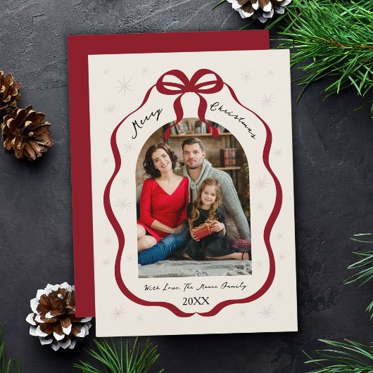 Elegant Red Bow Frame Custom Arch Photo Christmas Feestdagenkaart