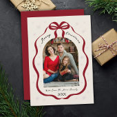 Elegant Red Bow Frame Custom Arch Photo Christmas Feestdagenkaart