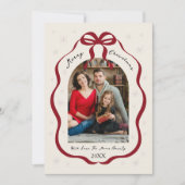 Elegant Red Bow Frame Custom Arch Photo Christmas Feestdagenkaart (Voorkant)