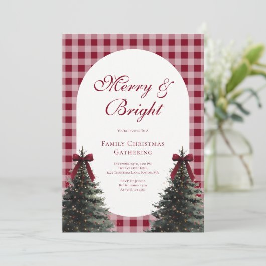 Elegant Red Bow Gingham Family Christmas Party Kaart (Staand voorkant)