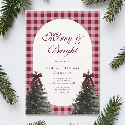 Elegant Red Bow Gingham Family Christmas Party Kaart