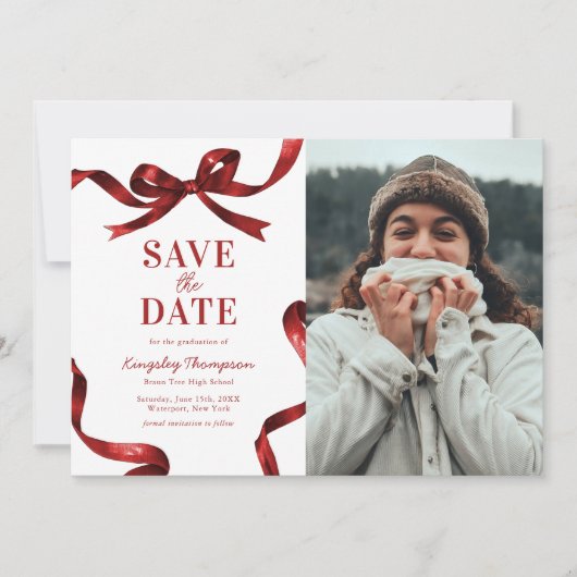 Elegant Red Bow Graduation Save the Date (Voorkant)