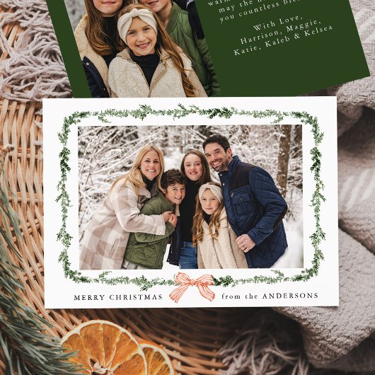 Elegant Red Bow Greenery Garland 2 Foto Feestdagenkaart