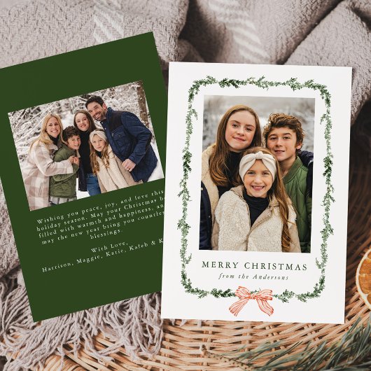 Elegant Red Bow Greenery Garland 2 Foto Feestdagenkaart