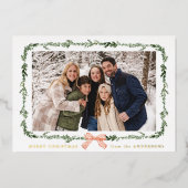 Elegant Red Bow Greenery Garland 2 Foto Folie Feestdagenkaart (Voorkant)