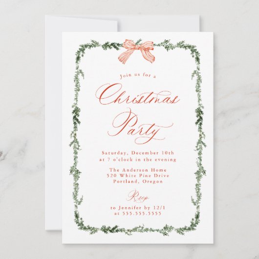 Elegant Red Bow Greenery Garland Christmas Party Kaart (Voorkant)