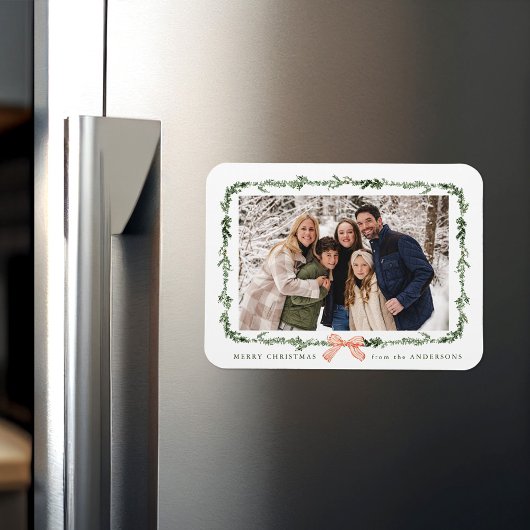 Elegant Red Bow Greenery Garland Holiday Photo Magneet