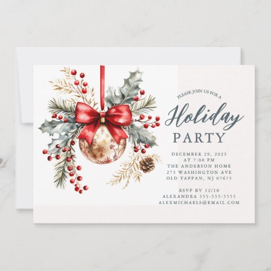 Elegant Red Bow Holiday Party Invite Kaart (Voorkant)