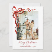 Elegant Red Bow Merry Christmas Photo Feestdagenkaart (Voorkant)