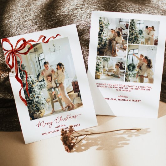 Elegant Red Bow Merry Christmas Photo Feestdagenkaart