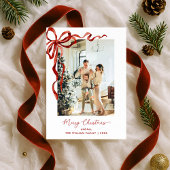 Elegant Red Bow Merry Christmas Photo Feestdagenkaart