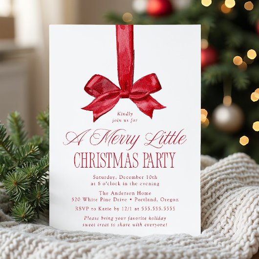 Elegant Red Bow Merry Little Christmas Party Kaart