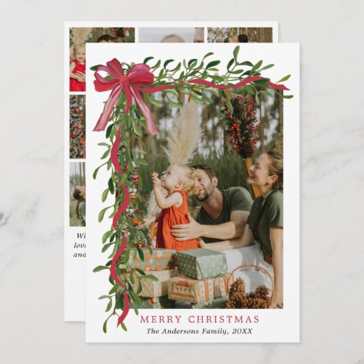 Elegant Red Bow Mistletoe Christmas Multi Photo Feestdagenkaart (Voorkant / Achterkant)