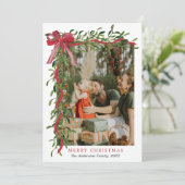 Elegant Red Bow Mistletoe Christmas Multi Photo Feestdagenkaart (Staand voorkant)