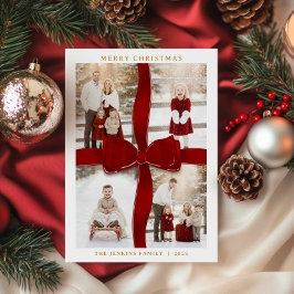 Elegant Red Bow Photo Christmas Card Kaart