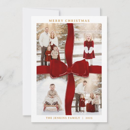 Elegant Red Bow Photo Christmas Card Kaart (Voorkant)