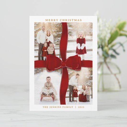 Elegant Red Bow Photo Christmas Card Kaart (Staand voorkant)