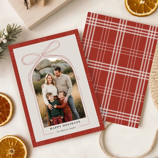 Elegant Red Bow Plaid Family Arch Photo Christmas Feestdagenkaart