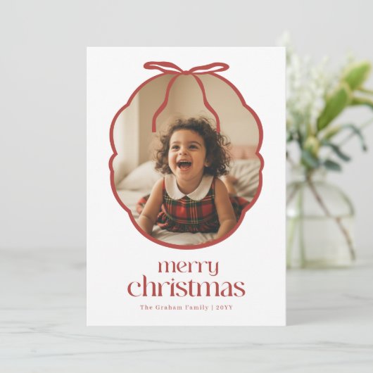 Elegant Red Bow Playful Kid Family Photo Christmas Feestdagenkaart (Staand voorkant)