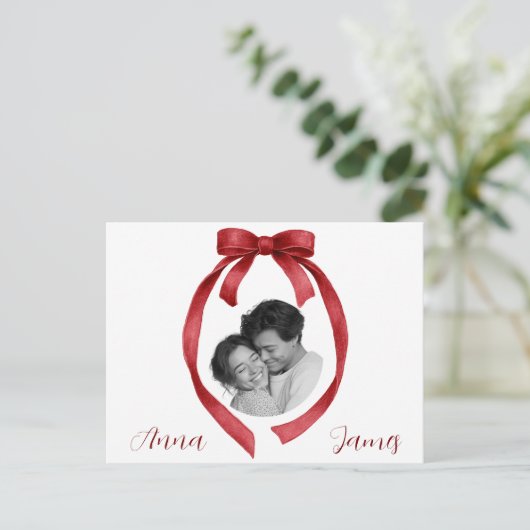 Elegant Red Bow Valentine's Day Card Custom Photo Briefkaart (Staand voorkant)