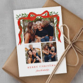 Elegant Red Bow with Greenery 3 Photo Christmas Feestdagenkaart