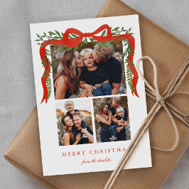 Elegant Red Bow with Greenery 3 Photo Christmas Feestdagenkaart