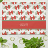 Elegant Red Bow with greenery Monogram Name Theedoek (Gevouwen)