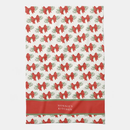 Elegant Red Bow with greenery Monogram Name Theedoek (Verticaal)