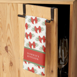 Elegant Red Bow with greenery Monogram Name Theedoek