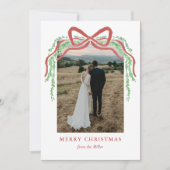 Elegant Red Bow with Greenery Photo Christmas Feestdagenkaart (Voorkant)