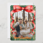 Elegant Red Bow with Greenery Photo Christmas Feestdagenkaart (Voorkant)