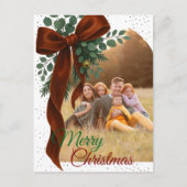 Elegant Red Bow with Greenery Photo Christmas  Feestdagenkaart (Voorkant)