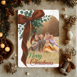 Elegant Red Bow with Greenery Photo Christmas  Feestdagenkaart