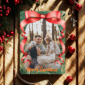 Elegant Red Bow with Greenery Photo Christmas Feestdagenkaart