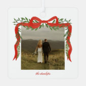 Elegant Red Bow with Greenery Photo Christmas Metalen Ornament (Achterkant)