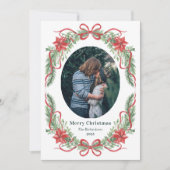 Elegant Red Bow Wreath Christmas Photo Card Feestdagenkaart (Voorkant)